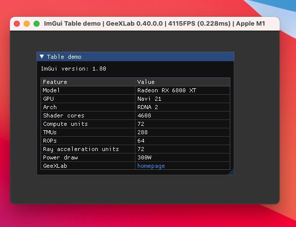 GeeXLab - Dear ImGui table